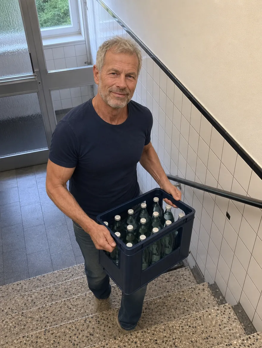 Dale carrying a case of water as part of an ordinary daily activity